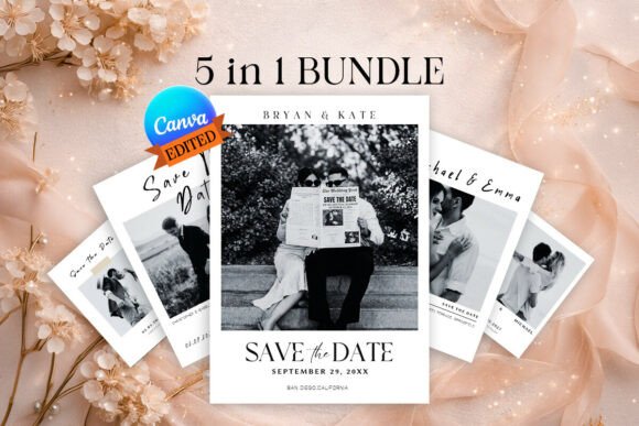 5 Viral B&W Save the Date Canva Bundle: Modern Noir Wedding Style
