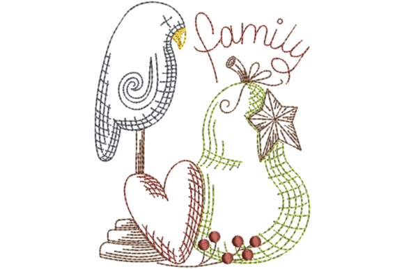 Primitive Crow and Pear Family Embroidery: Rustic Charm for Your Projects